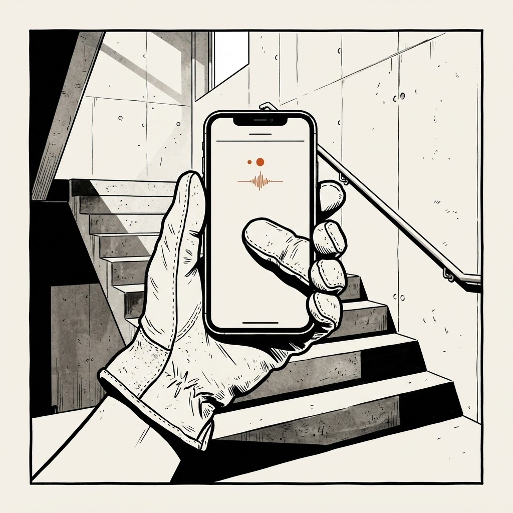 Une main gantée tient un téléphone dans une cage d'escalier en béton, pendant l'enregistrement d'une note vocale.